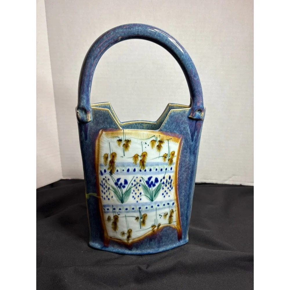 Handcrafted Ceramic Vase with Handle, Flower‎ Design Pottery Decor Accent